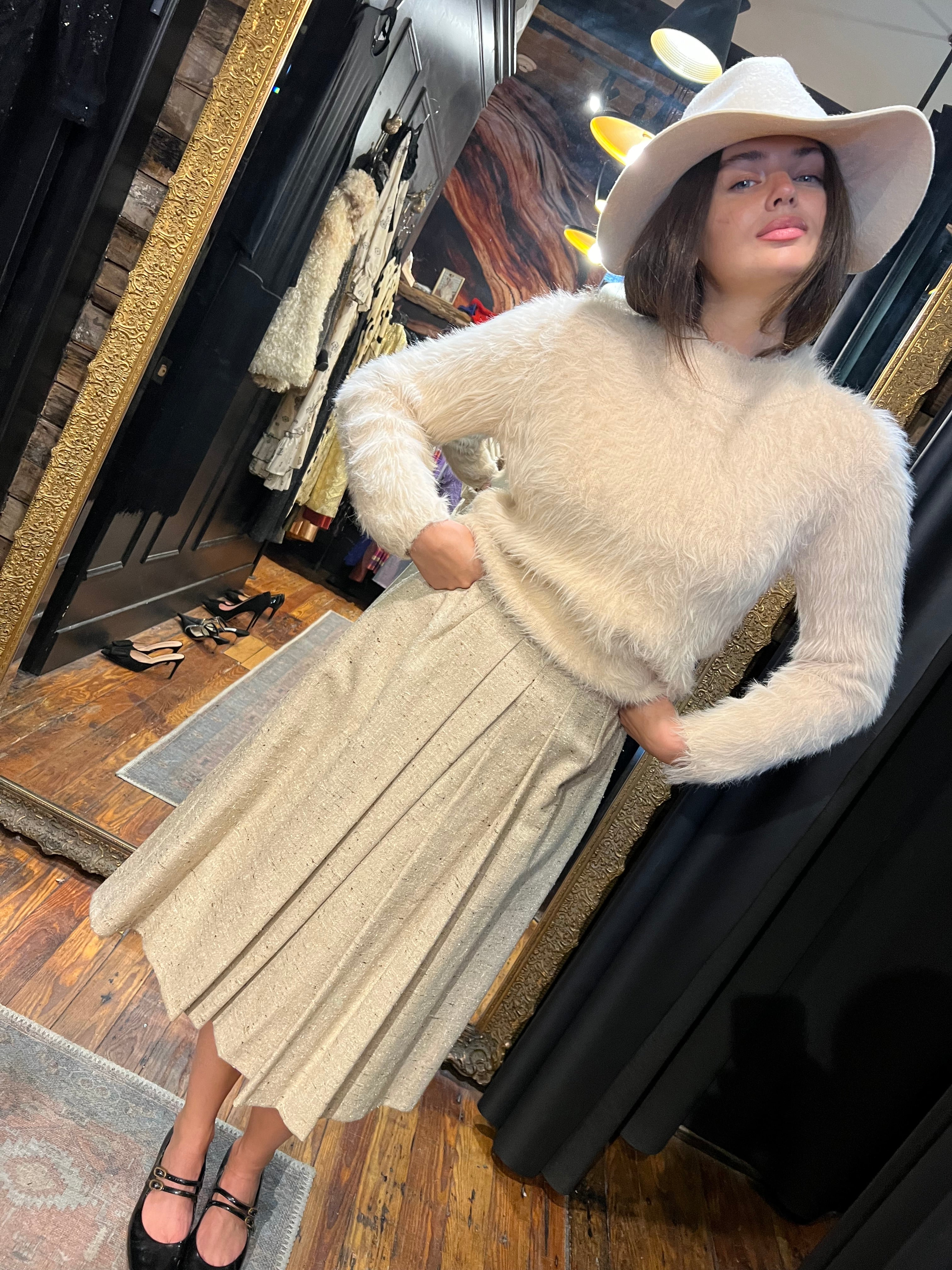 beige pleated wool skirt